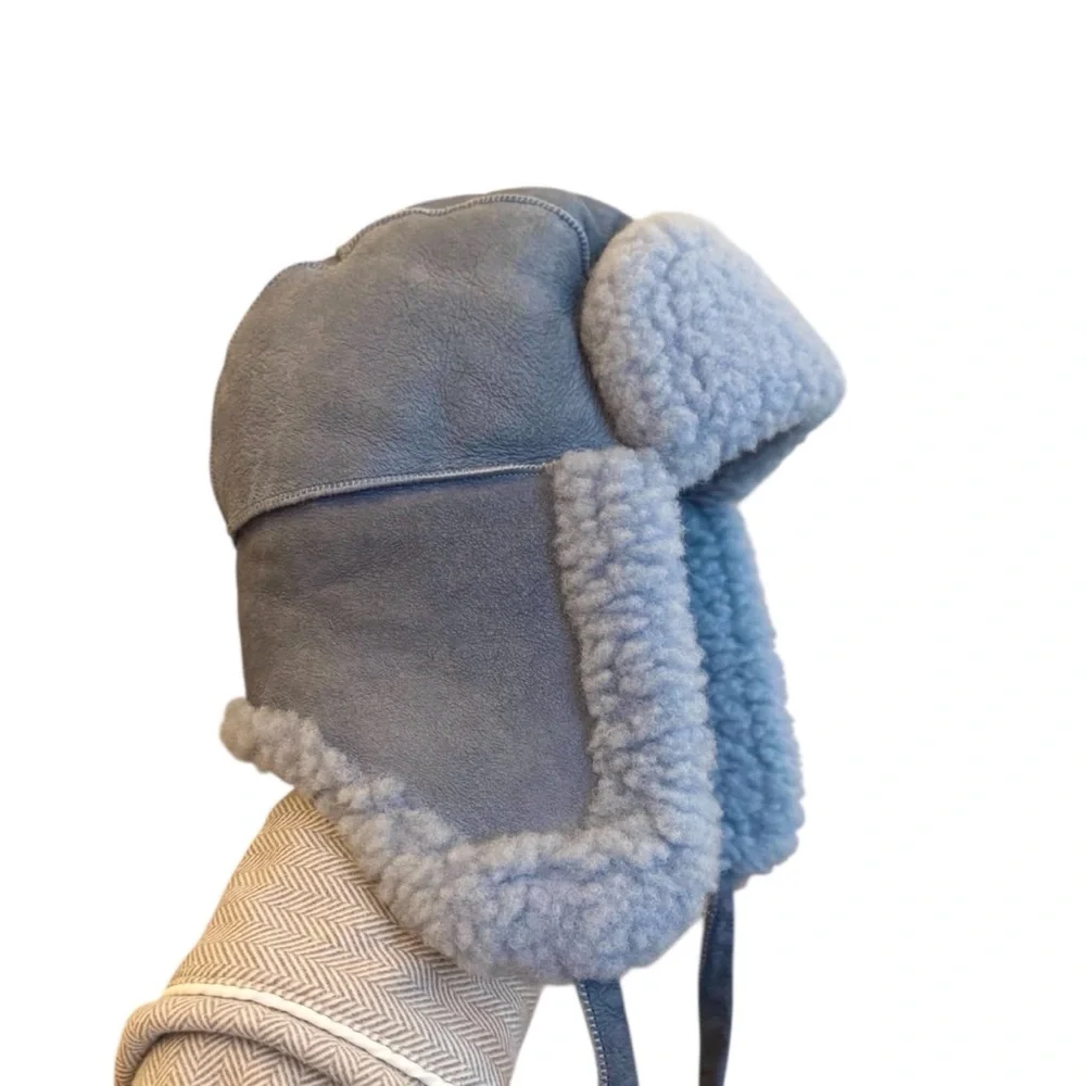 Overland Children’s Unisex Sheepskin Fur Dyed Blue Leather‎ Aviator Hat